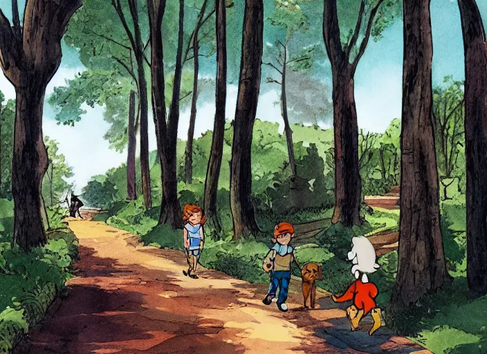 Image similar to A cartoon of a boy and his dog walking down a forest lane, disney