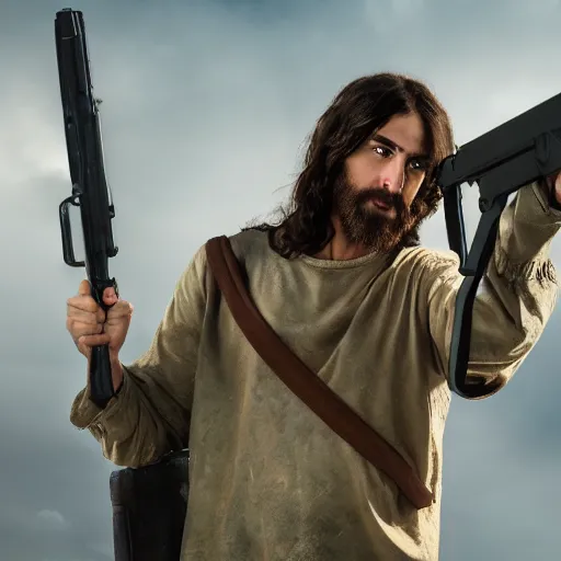 Image similar to Jesus Christ as Rambo holding a large gun with one hand, full body, photography, 4K