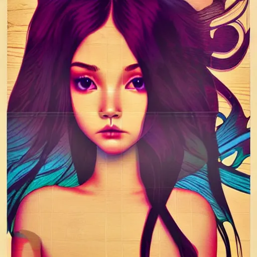 Image similar to skydoll like madison beer by alessandro barbucci, by loish, by audrey kawasaki, barbbara cannepa global illumination, feathers texture overlays, printed on wood