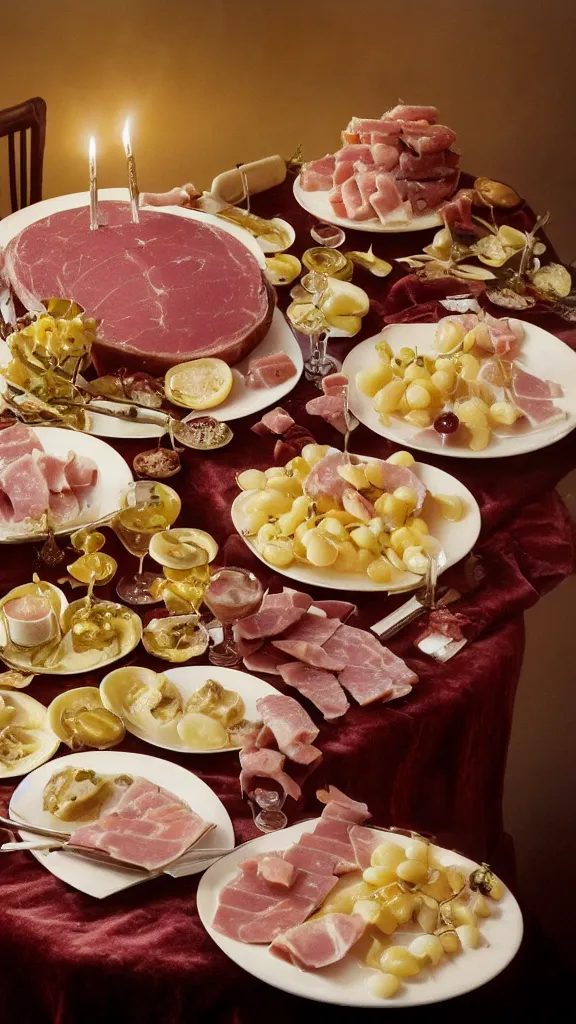 Image similar to vintage 7 0 s food photography of an opulent spread of ham fondue, on a velvet table cloth, dramatic diffused lighting