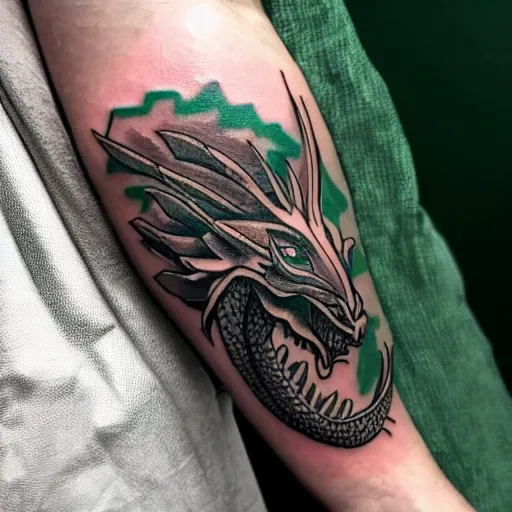Image similar to Tattoo of a dragon starting from the elbow, wrapping around the wrist in a downward spiral, emerald placed inside of the dragons mouth, forearm tattoo