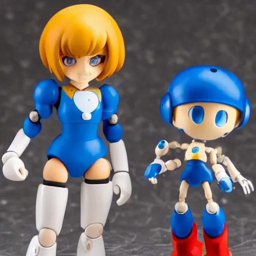 Prompt: photo of figma figures in a diorama : : roll is repairing computers in dr. light's laboratory. roll is a cute female ball - jointed robot ( in the style of mega man ) who has blonde hair with bangs and a ponytail tied with a green ribbon. she is wearing a red one - piece dress with a white collar, and red boots.