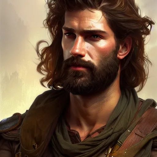 Image similar to Portrait of rugged male ranger, D&D, amber eyes, face, long hair, muscular, fantasy, intricate, elegant, highly detailed, digital painting, artstation, concept art, smooth, sharp focus, illustration, art by artgerm and greg rutkowski and alphonse mucha