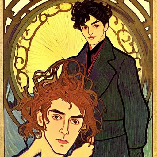 Prompt: painting of young cute handsome beautiful dark medium wavy hair man in his 2 0 s named shadow taehyung and cute handsome beautiful min - jun together at the halloween! party, bubbling cauldron!, candles!, smoke, autumn! colors, elegant, wearing suits!, delicate facial features, art by alphonse mucha, vincent van gogh, egon schiele