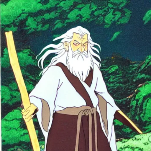 Image similar to gandalf from the anime lord of the rings (1986), holding a wooden staff, studio ghibli, very detailed, realistic