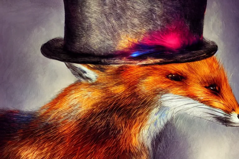 Prompt: . the fox in the top hat whispered into the ear of the rabbit. photo - realistic hd, hyperrealism, colourful, highly detailed, cinematic, luminescence, 3 2 k, dop, high contrast, intricate, mystery, epic, fantasy