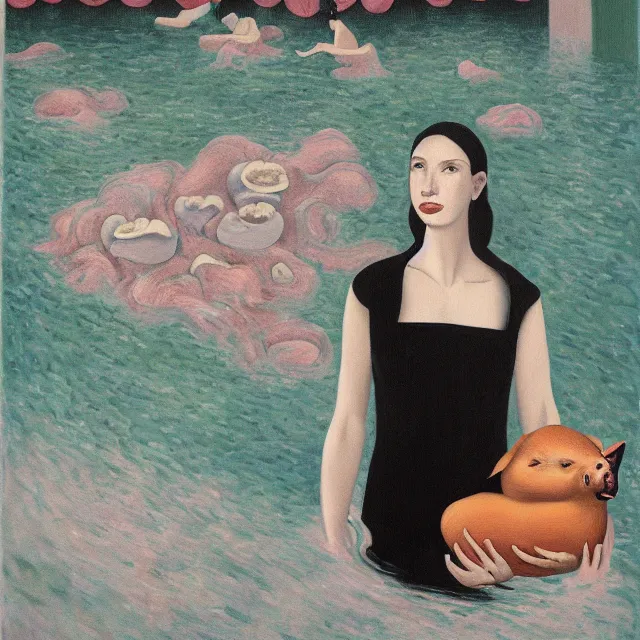 Image similar to tall female emo artist holding a pig in her flooded bathroom, mushrooms, octopus, water gushing from ceiling, painting of flood waters inside an artist's bathroom, a river flooding indoors, pomegranates, pigs, ikebana, zen, river, rapids, waterfall, black swans, canoe, berries, acrylic on canvas, surrealist, by magritte and monet