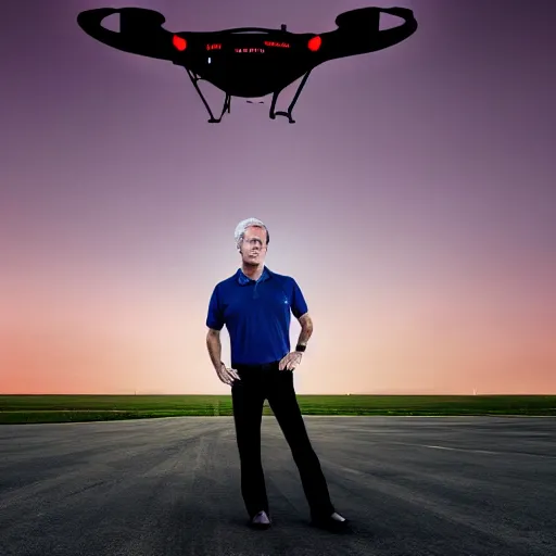 Image similar to aesthetic illustration of jeffrey epstein, wearing a dark blue polo shirt, standing by his global hawk surveillance drone on an empty runway at dusk, cinematic lighting, high detail, volumetric lights, pinterest wallpaper, trending on artstation