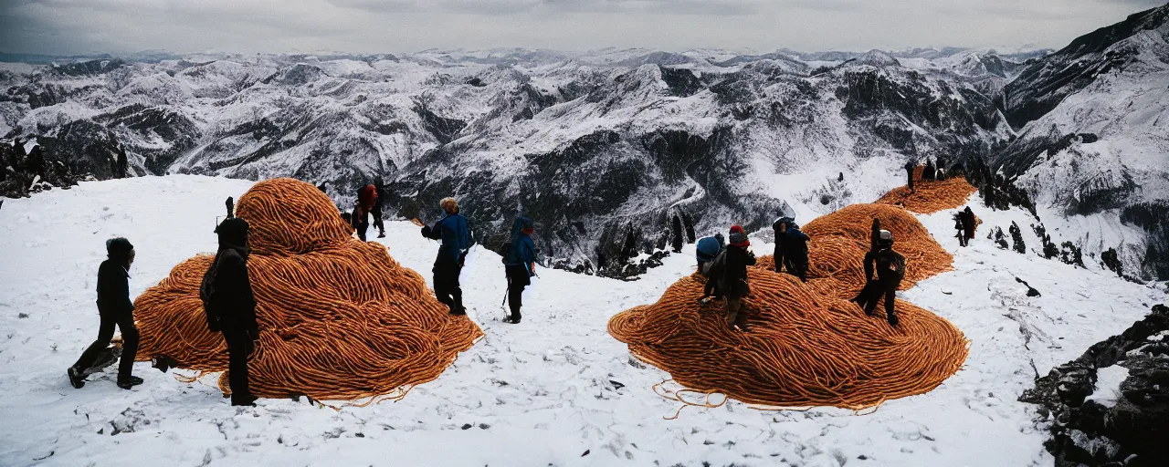 Image similar to people hiking over a hill made up of spaghetti on top of a frozen mountain, canon 5 0 mm, cinematic lighting, photography, retro, film, kodachrome