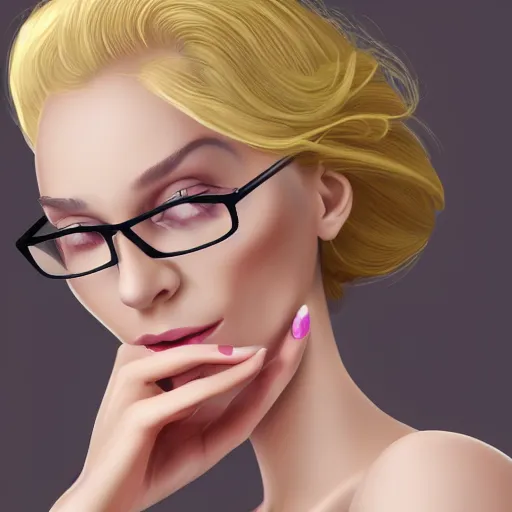 Prompt: middle aged beautiful french woman with blonde hair tied in a strict bun, manicuring nails, spectacles, lots of makeup, arrogant, rich, expensive voluminous dress, digital art, high quality, 8 k, detailed, d & d character,