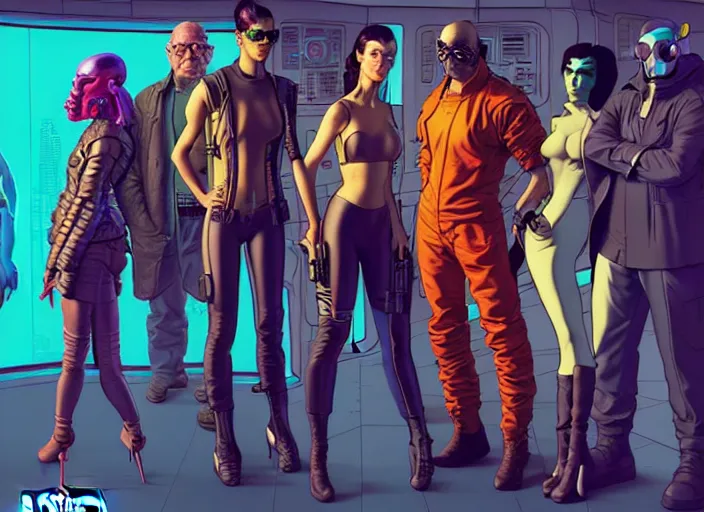 Image similar to cyberpunk heist crew. portrait by stonehouse and mœbius and will eisner and gil elvgren and pixar. character design. realistic proportions. cyberpunk 2 0 7 7 character art, blade runner 2 0 4 9 concept art. cel shading. attractive face. thick lines. the team. diverse characters. artstationhq.