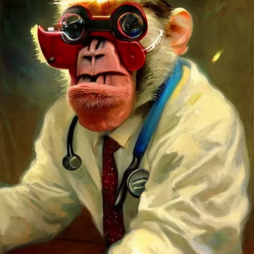 Prompt: portrait of a proud old monkey doctor working in a chemical lab, artwork by gaston bussiere, craig mullins, trending on artstation, monkey dressed as a scientist, using googles and wearing a doctor coat