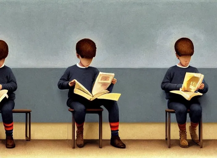 Image similar to a very boring day in school, kids wearing identical clothes reading books, teachers without faces, painting by quint buchholz and ray caesar, muted colors, gray, dull, boring, low energy, pale blue faces, very detailed