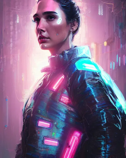 Image similar to detailed side profile portrait Gal Gadot, cyberpunk futuristic neon, reflective puffy coat, decorated with traditional Japanese ornaments by Ismail inceoglu dragan bibin hans thoma greg rutkowski Alexandros Pyromallis Nekro Rene Maritte Illustrated, Perfect face, fine details, realistic shaded, fine-face, pretty face