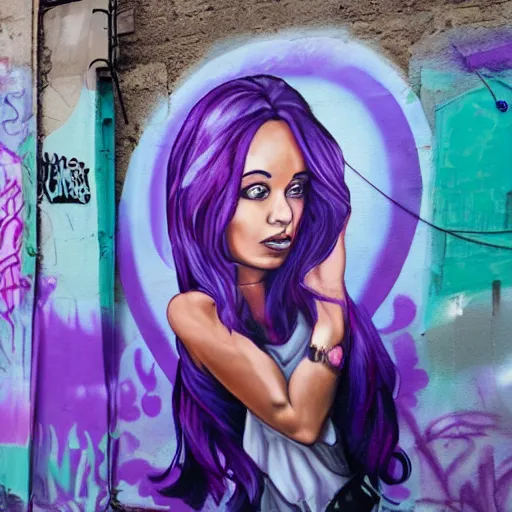 Prompt: a beautiful woman with purple hair in front of a spray painted murals in an alley in france!!