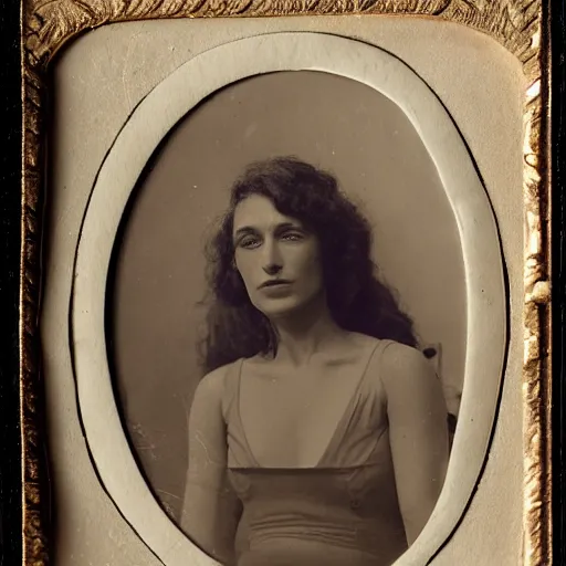 Image similar to tintype, smoke offhand by ossip zadkine. a beautiful photograph of a woman with long curly hair, wearing a white dress & sitting in a chair in front of a window with a view of a mountainside.