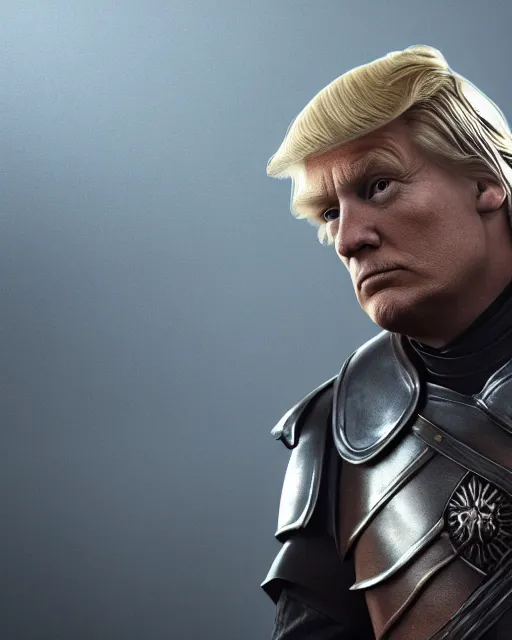 Image similar to jaime donald trump lannister holding a sword, lord commander of the kingsguard, the kingslayer, medium shot, highly detailed, hyperrealism, octane render