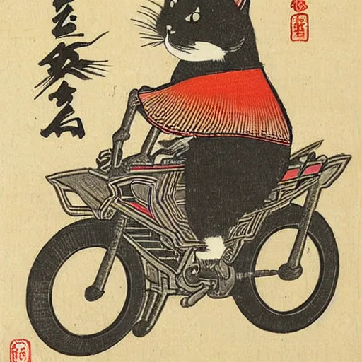 Prompt: Japanese woodblock print of a cat riding a motorcycle