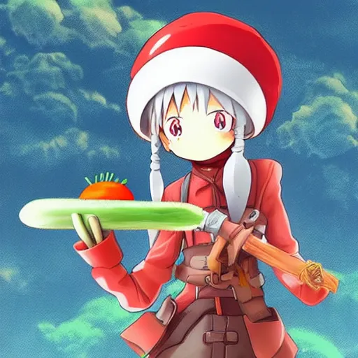 Image similar to cute android with big tomato hat and a carrot sword, made in abyss style