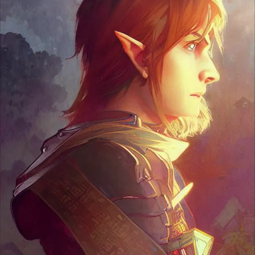 Image similar to Stunning portrait of a young Link from the Legend of the Zelda. Art by Greg Rutkowski and Alphonse Mucha