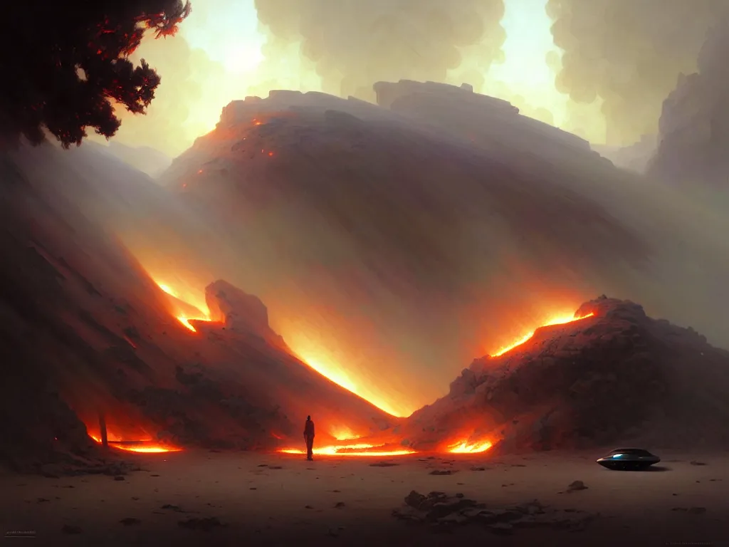 Prompt: UFO crash site, fires, smoke, dust, concept art, intricate, digital painting, smooth, sharp focus, illustration, from Metal Gear, by Ruan Jia and Mandy Jurgens and William-Adolphe Bouguereau, Artgerm,