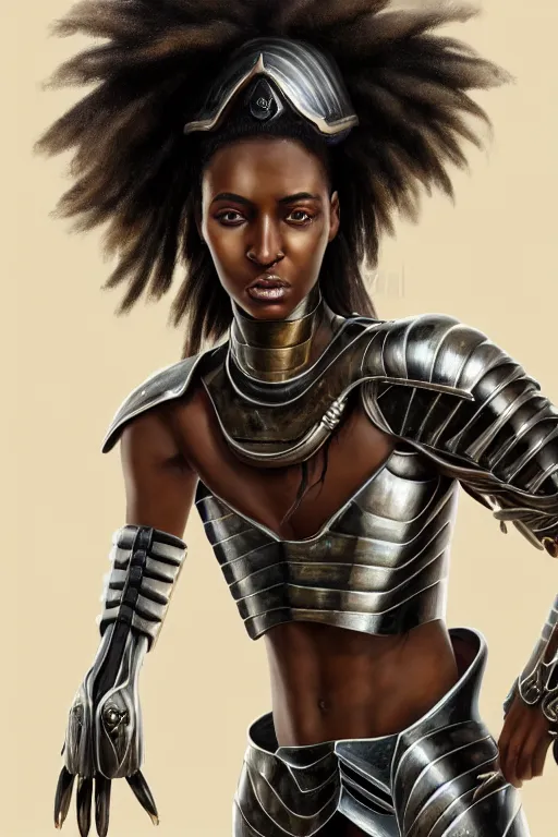 Image similar to a photorealistic painted portrait of an attractive young black girl, partially clothed in metal-plated battle armor, matt olive skin, long dark hair, flawless skin, beautiful bone structure, perfectly symmetric facial features, perfect photorealistic eyes, natural physique, intricate, elegant, digital painting, concept art, finely detailed, beautifully illustrated, sharp focus, minimal artifacts, from Metal Gear, by Ruan Jia and Mandy Jurgens and Artgerm and William-Adolphe Bouguerea, in the style of Greg Rutkowski, trending on Artstation, award winning art