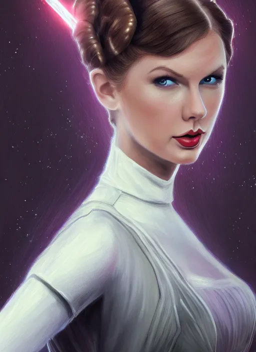 Image similar to Taylor Swift as Princess Leia in Star Wars, intricate, elegant, highly detailed, centered, digital painting, artstation, concept art, smooth, sharp focus, illustration