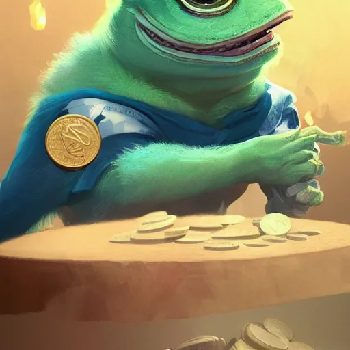 Image similar to super rich happy pepe, luxury, treasury, coins, money, hyper detalied, blue crystals, greg rutkowski, artstation