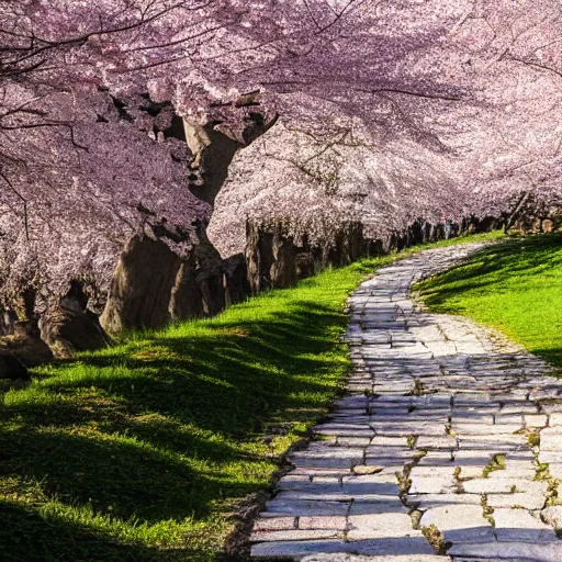 Prompt: stone path through a cherry blossom filled valley leading to a monastery