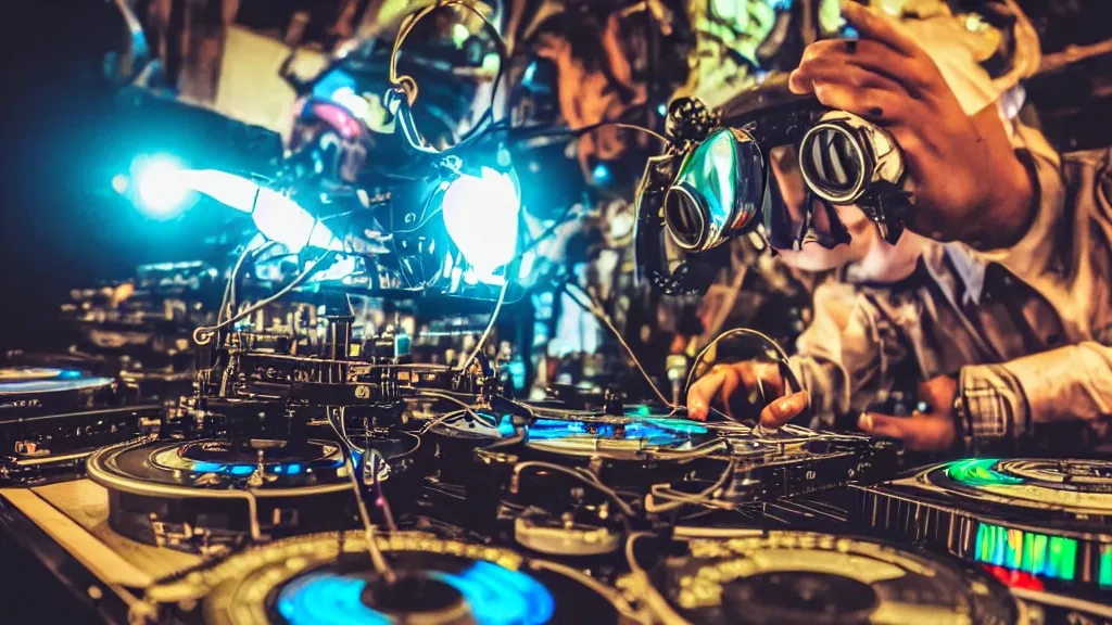 Image similar to a person wearing goggles and visor and headphones using a steampunk record player contraption, wires and tubes, turntablism dj scratching, intricate planetary gears, complex, cinematic, imax, sharp focus, iridescent