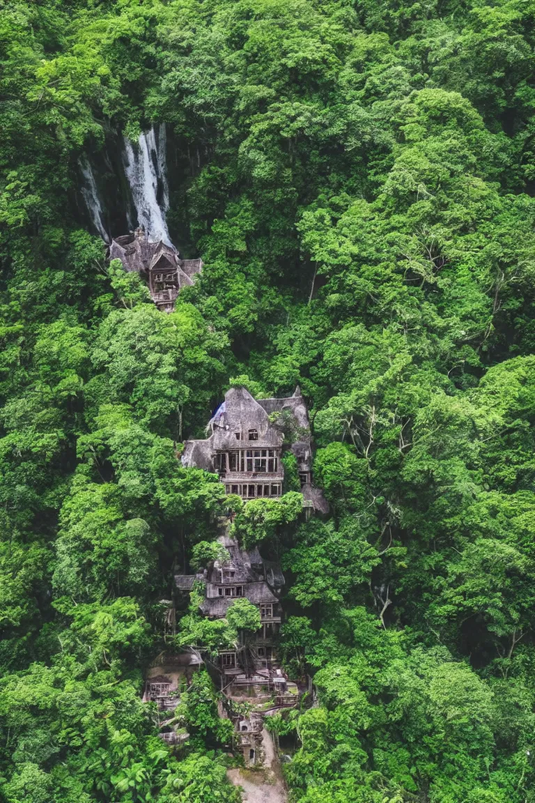 Prompt: a victorian mansion carved into a huge tree beside a waterfall in a dense jungle | cinematic