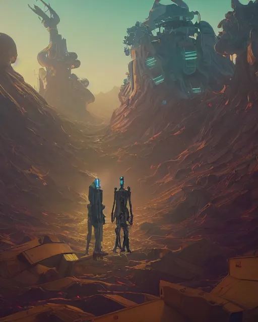 Prompt: highly detailed surreal vfx portrait of a fearless robots in a borderlands world, stephen bliss, unreal engine, greg rutkowski, loish, rhads, beeple, makoto shinkai and lois van baarle, ilya kuvshinov, rossdraws, tom bagshaw, alphonse mucha, global illumination, detailed and intricate environment