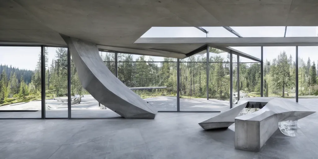 Image similar to large futuristic residence, gray concrete, many large windows, washington state, water features, triangular elements