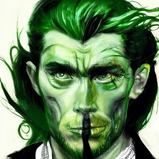 Prompt: peter o'toole, messy green hair, white face, red lips, portrait, realistic, concept art, lee bermejo, influenced by lawrence of arabia