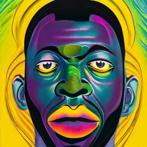 Image similar to a black man with yellow eyes and a dark rainbow background, gouache painting by francis bacon and tomokazu matsuyama, by ed paschke, by agnes pelton, by patrick nagel, behance contest winner, generative art, irridescent, holography, neon, dark art, retrowave, grain, black background