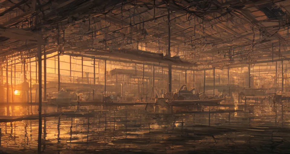 Prompt: a beautiful painting of a fish factory, octane render, brilliantly coloured, intricate, ultra wide angle, trending on artstation, dusk, volumetric lighting, polished, micro details, ray tracing, 8k