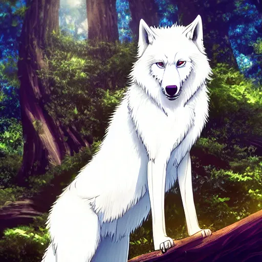 Image similar to highly detailed digital art of a magestic white wolf standing on an overgrown fallen tree trunk, lush surroundings, sunshine, kimi no na wa, trending on artstation, tranquil