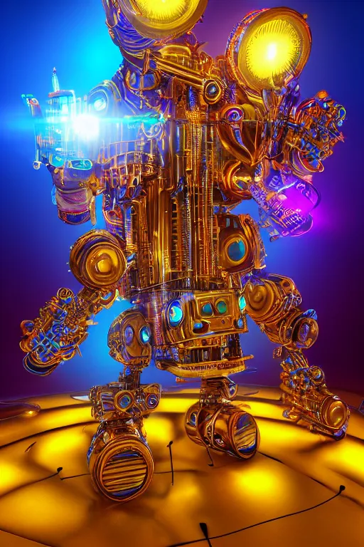 Image similar to portrait photo of a giant huge golden and blue metal futuristic steampunk robot covered with multicolored big guitars and gears and tubes, eyes are glowing red lightbulbs, shiny crisp finish, 3 d render, 8 k, insaneley detailed, fluorescent colors, background is multicolored lasershow