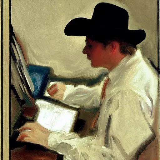 Image similar to 🤠 using a 🖥, by john singer sargent