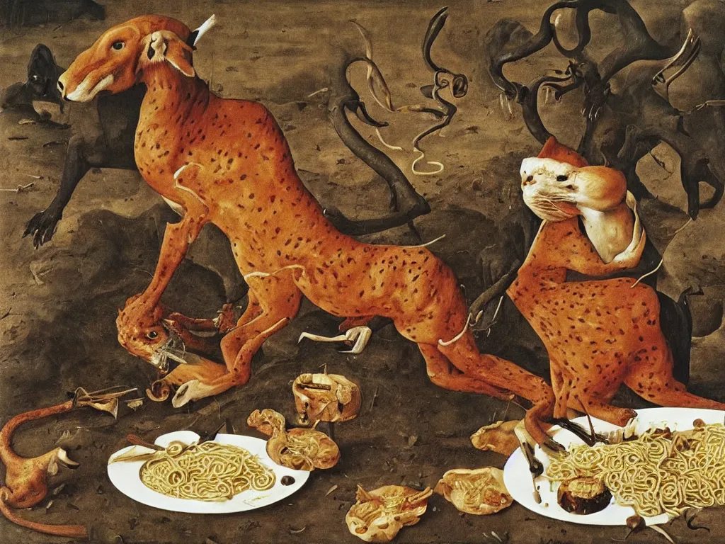 Image similar to woman eating noodles. scratch that. panther eating an antelope. painting by jan van eyck, walton ford