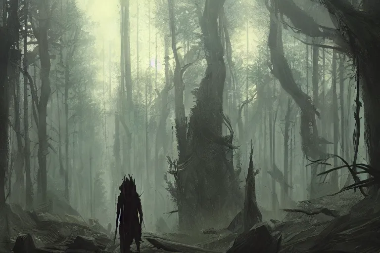 Image similar to forest, cyberpunk, illustrated by Greg Rutkowski and Caspar David Friedrich, Trending on artstation, artstationHD, artstationHQ