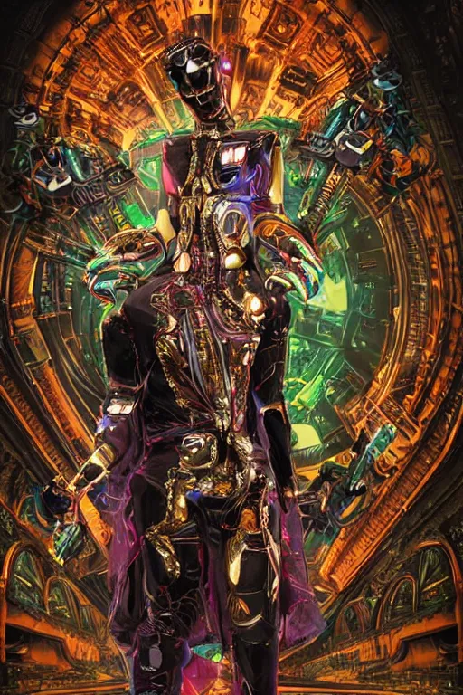 Image similar to full-body bladerunner style sculpture of a young handsome Mexican prince as a half cibernetic android with a chest opening exposing circuitry and electric sparks, glowing laser beam eyes, crown of giant diamonds, flowing neon-colored silk, fabric, raptors. baroque elements. full-length view. baroque element. intricate artwork by caravaggio. many many birds birds on background. Trending on artstation, octane render, cinematic lighting from the right, hyper realism, octane render, 8k, depth of field, 3D