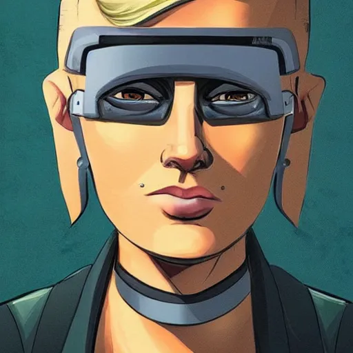 Prompt: character concept art of heroic stoic emotionless butch blond handsome woman engineer with very short slicked - back butch hair, narrow eyes, wearing atompunk jumpsuit, retrofuture, science fiction, mike mignogna, digital art