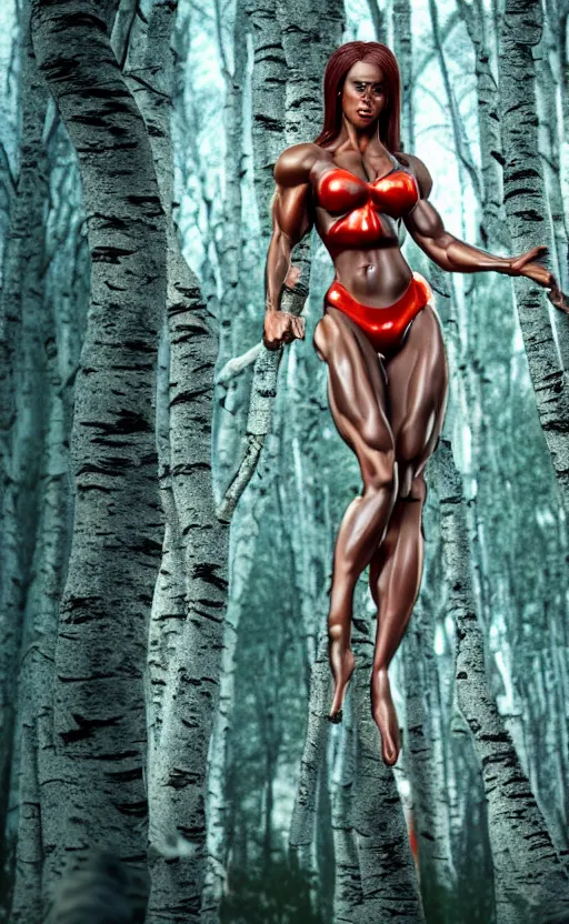 Image similar to photo of bodybuilder woman posing in birch forest in jeff koons hip hop bauhaus style, beautiful detailed face, ultra realistic, concept art, intricate details, serious, highly detailed, photorealistic, octane render, 8 k, unreal engine, art by todd mcfarlane