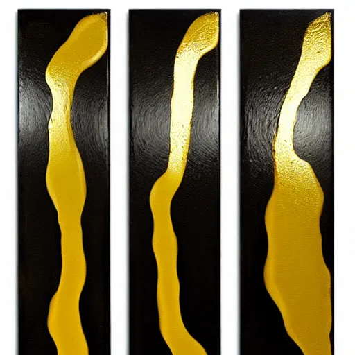 Image similar to a pour painting triptych, gold black green colors, abstract, thick paint, glossy, resin coated