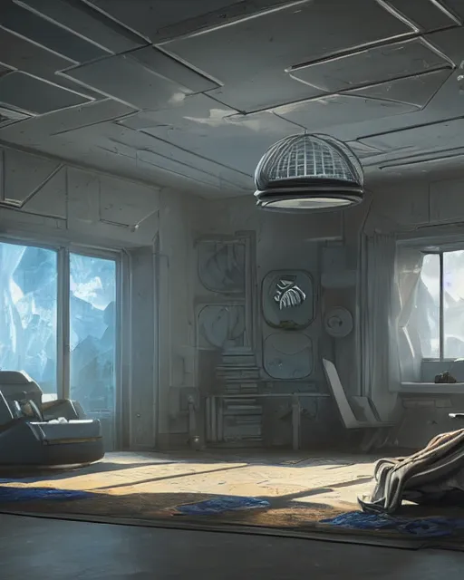 Prompt: artstation scifi scene of a safe room as ikea ad, lounge furniture, large terrarium, sky mural on the room ceiling, paneled walls, unreal engine 5, hyper realism, realistic shading, cinematic composition, blender render, octane render, hdr, detailed textures, photorealistic, wide shot