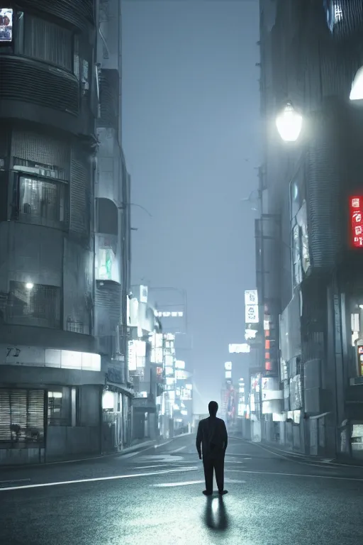 Prompt: a man standing in the middle of a tokyo street at night, a photorealistic painting by Gregory Crewdson, cgsociety, american scene painting, playstation 5 screenshot, matte painting, cryengine