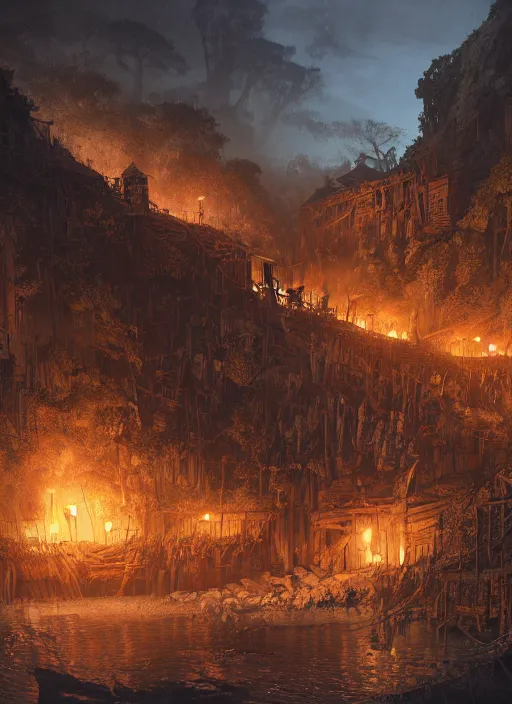 Image similar to wooden palisade wall lit by torches on a tropical island, intricate Details, raphael lacoste, eddie mendoza, alex ross, concept art, matte painting, highly detailed, rule of thirds, dynamic lighting, cinematic, detailed, denoised, centerd, clean render