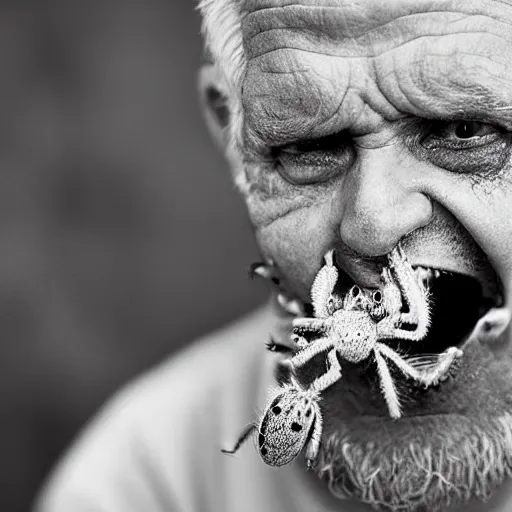 Image similar to National Geographic photo of angry old man with spiders in his mouth