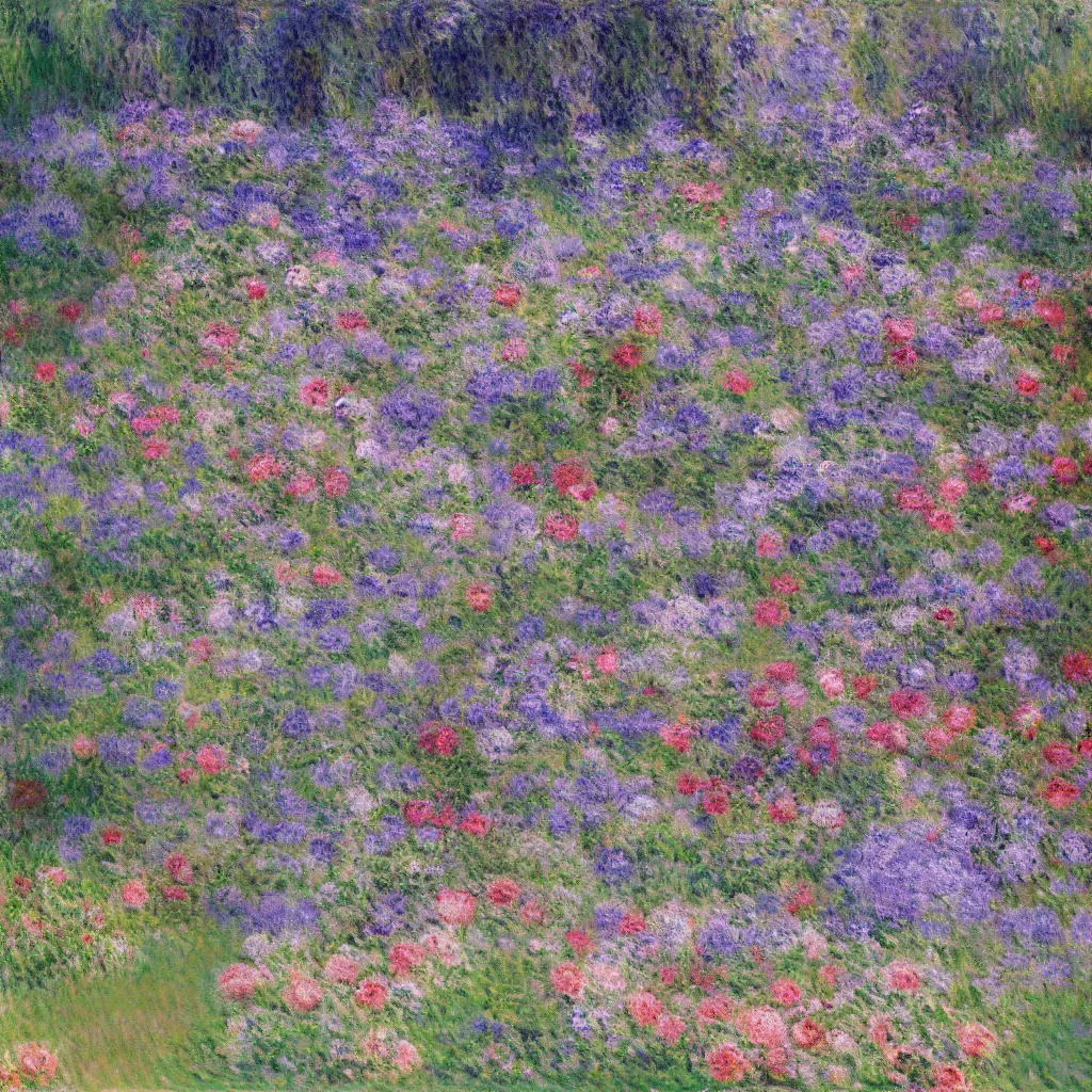 Image similar to a gorgeous garden on the edge of a cliff filled with beautiful flowers of blue and violet and pink, monet